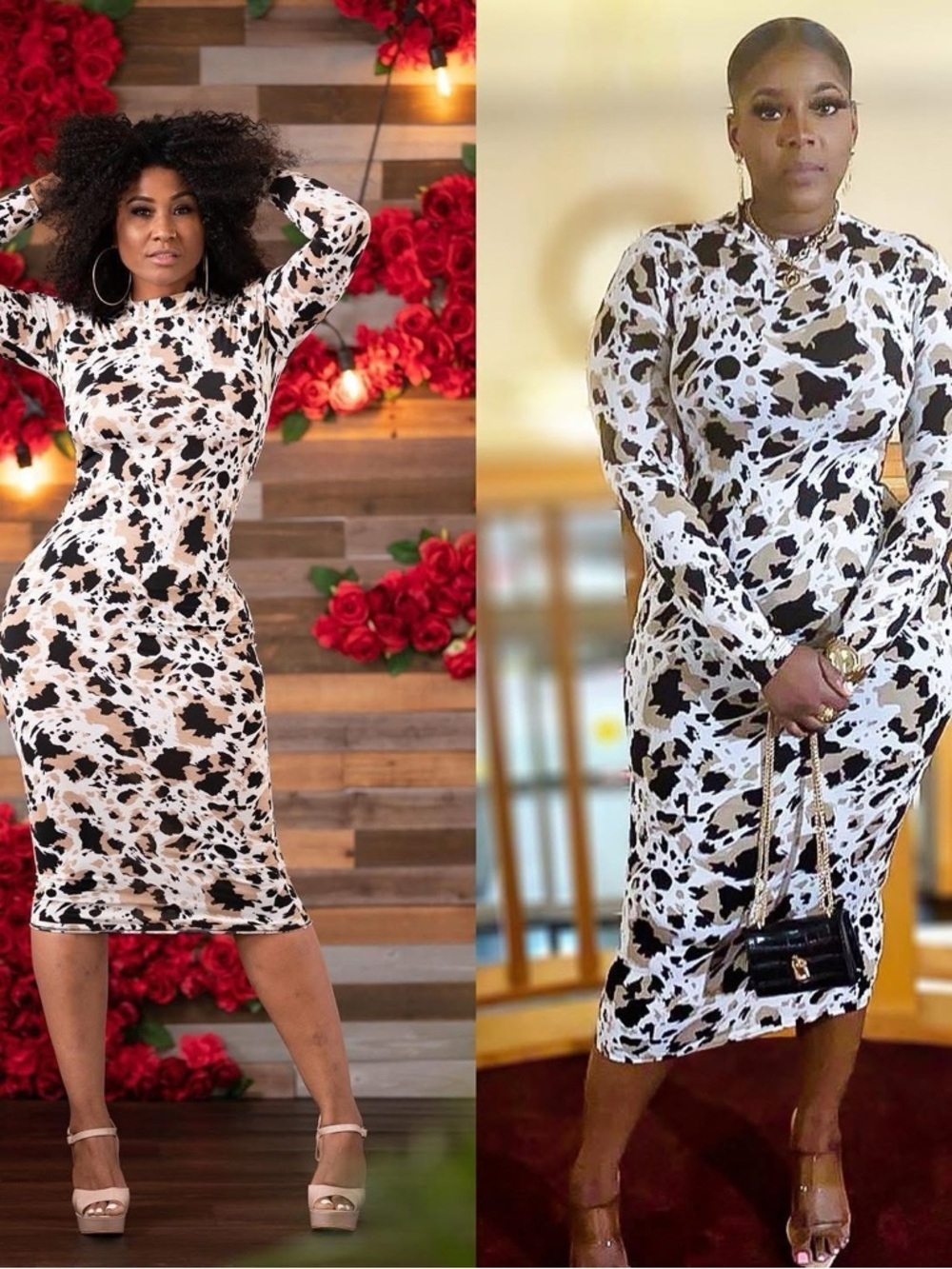 Women's Long Sleeve Cow Print Bodycon Dress - White & Black